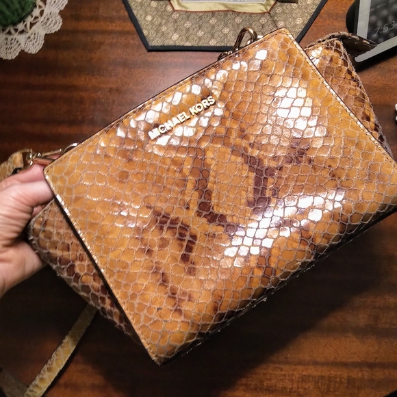 Michael Kors Handbags - Michael Kors Tan Vegan Snakeskin Crossbody Bag